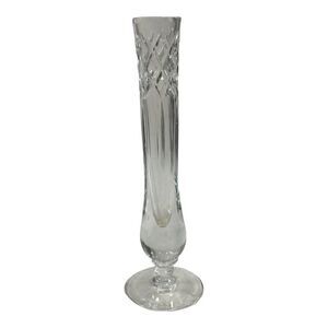 Elegant Crystal Bud Flower Vase 7" Pedestal Diamond Cut Glass At Top Narrow Thin